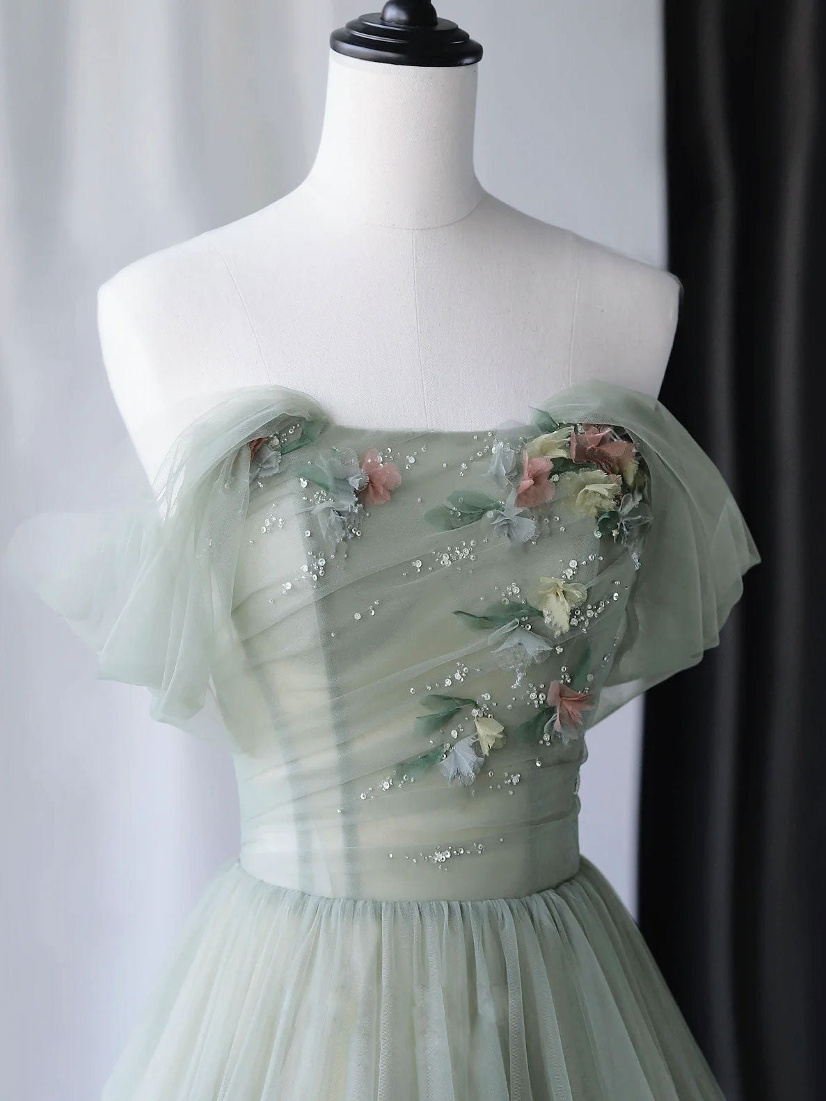 A-Line Tulle Green Long Prom Dress, Green Tulle Formal Dress with Sequin