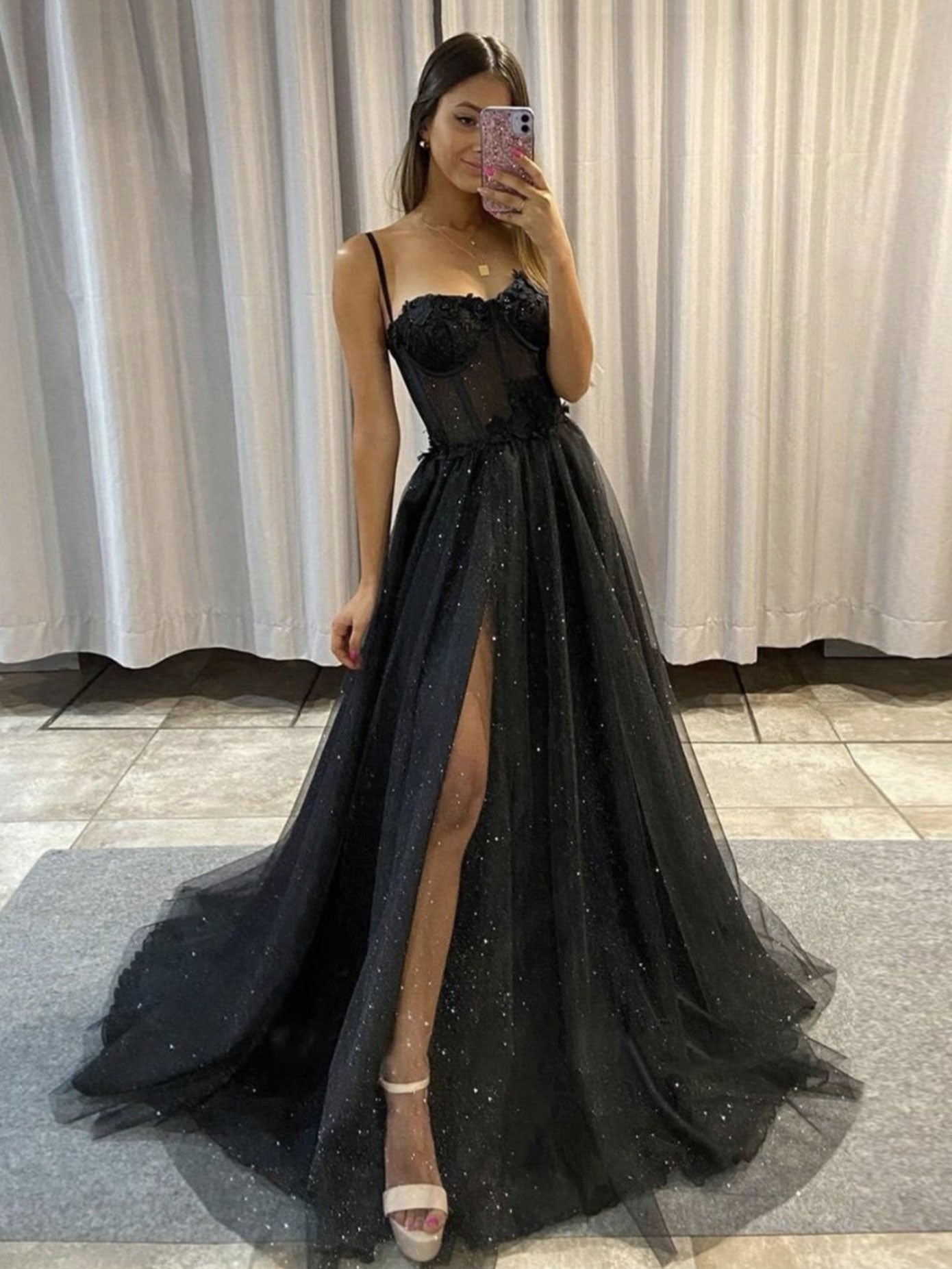 Black sweetheart neck tulle lace long prom dress, black evening dress