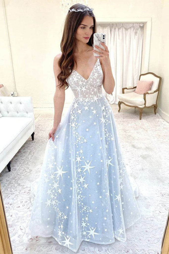 Blue v neck tulle long prom dress blue tulle formal dress