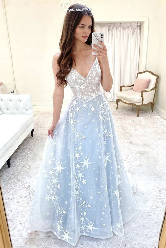 Blue v neck tulle long prom dress blue tulle formal dress
