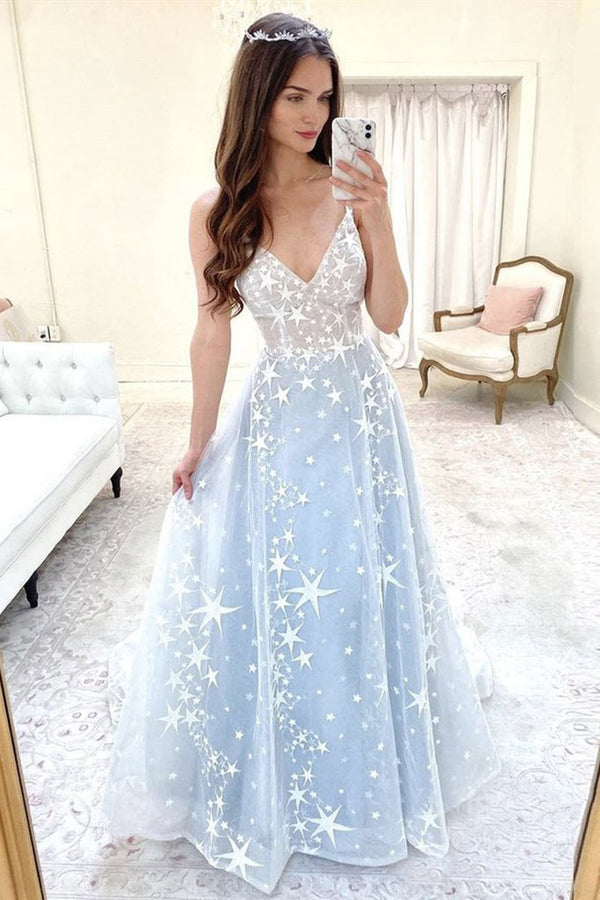 Blue v neck tulle long prom dress blue tulle formal dress