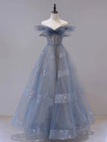 Blue tulle sequin long prom dress, blue tulle formal dress