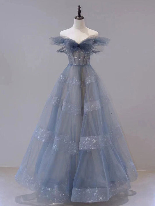 Blue tulle sequin long prom dress, blue tulle formal dress