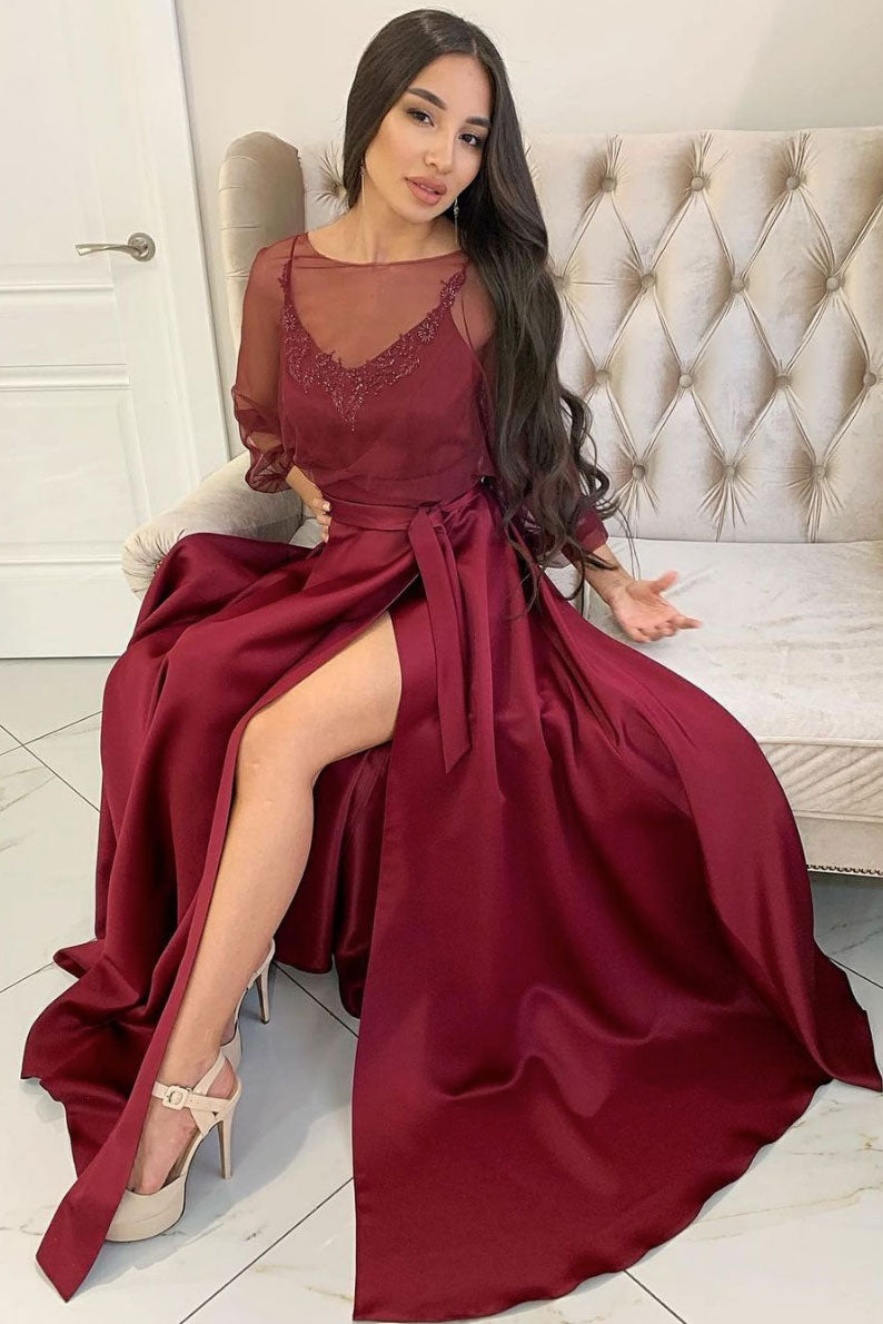 Maroon satin long prom dress round neck satin evening dress