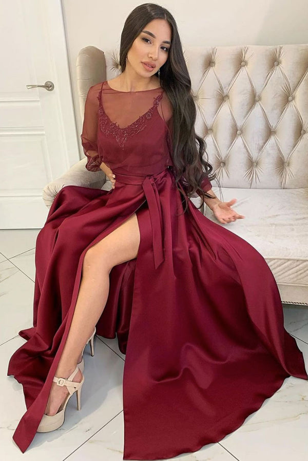 Maroon satin long prom dress round neck satin evening dress