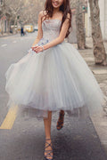 Gray sweetheart tulle lace short prom gown, gray lace cocktail dress