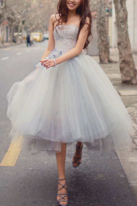 Gray sweetheart tulle lace short prom gown, gray lace cocktail dress