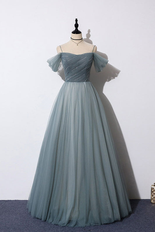 Gray blue sweetheart tulle formal dress blue evening dress