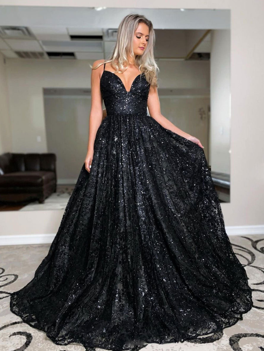 Black tulle sequin long prom dress, black evening dress