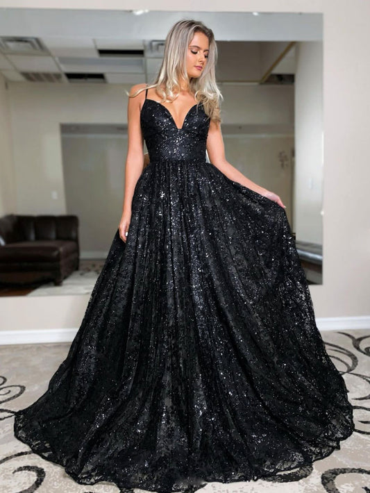 Black tulle sequin long prom dress, black evening dress