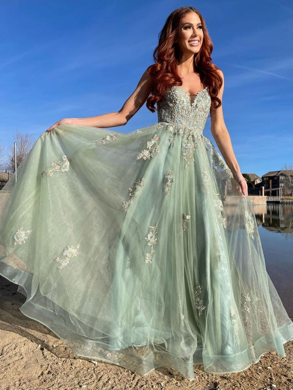 Green tulle lace long prom dress, green tulle lace formal dress