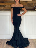 Simple black satin mermaid long prom dress, black evening dress