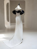Simple Off Shoulder Satin Black/White Long Prom Dress