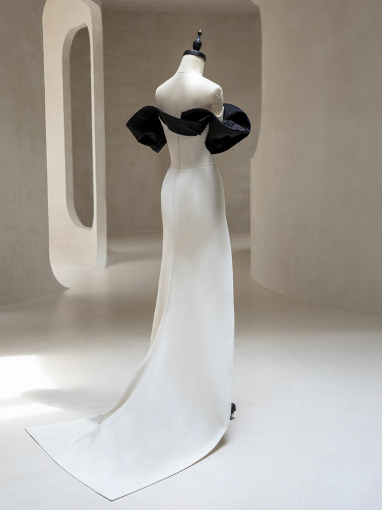 Simple Off Shoulder Satin Black/White Long Prom Dress