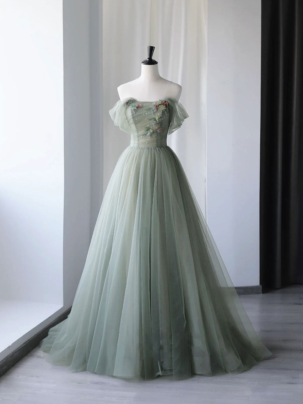 A-Line Tulle Green Long Prom Dress, Green Tulle Formal Dress with Sequin