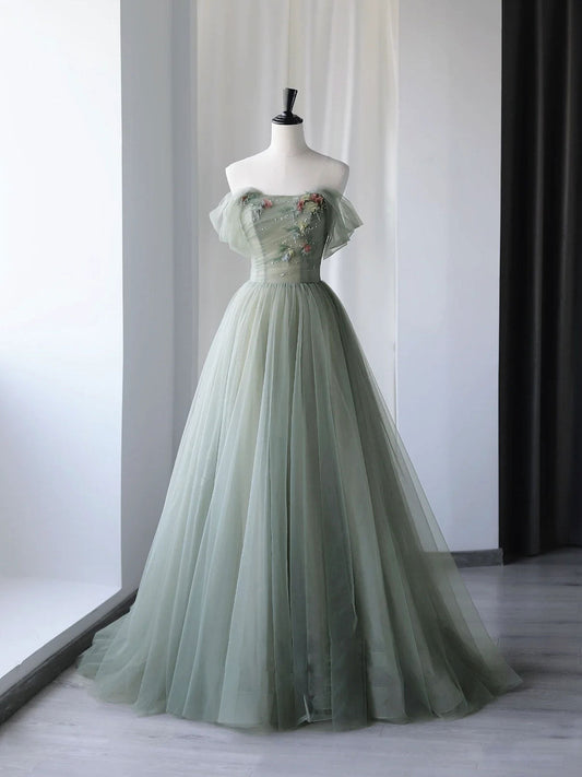A-Line Tulle Green Long Prom Dress, Green Tulle Formal Dress with Sequin
