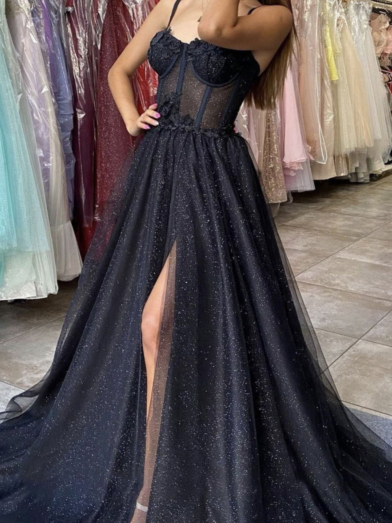 Black sweetheart neck tulle lace long prom dress, black evening dress