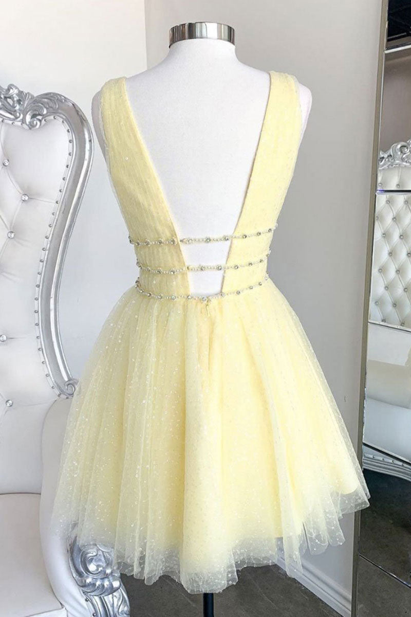 Yellow v neck tulle sequin short prom dress yellow formal dress