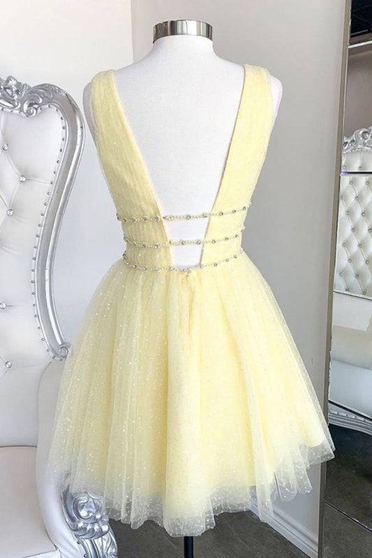 Yellow v neck tulle sequin short prom dress yellow formal dress
