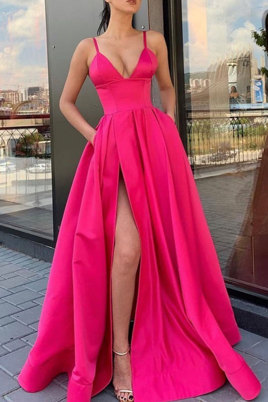 Simple v neck satin long prom dress satin evening dress