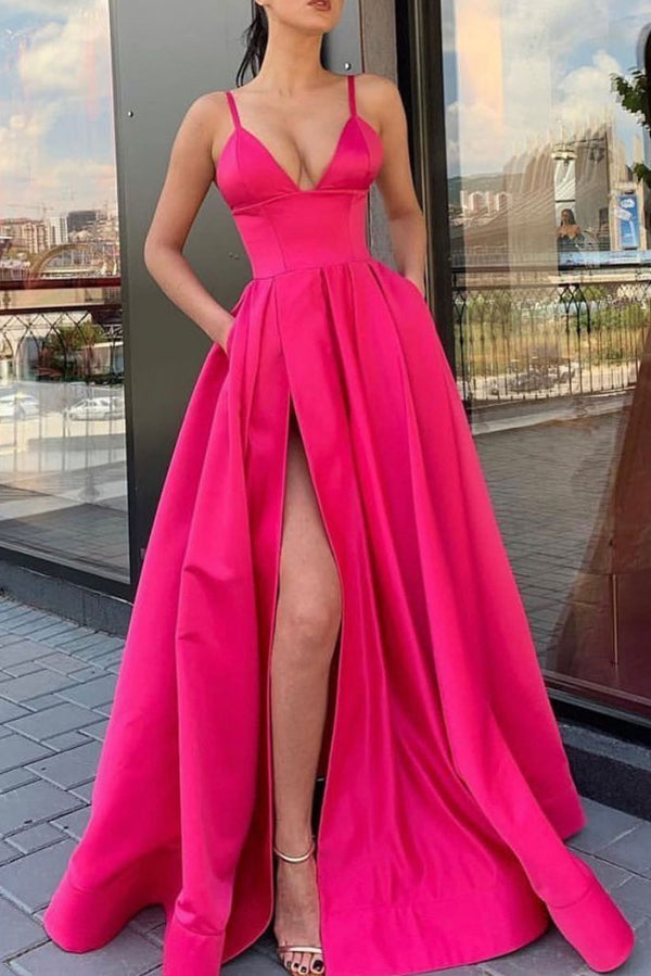 Simple v neck satin long prom dress satin evening dress