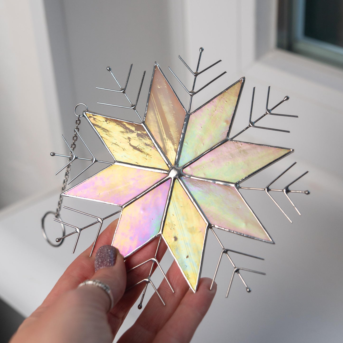 Stained Glass Snowflake Ornament – Handmade Iridescent Holiday Suncatcher