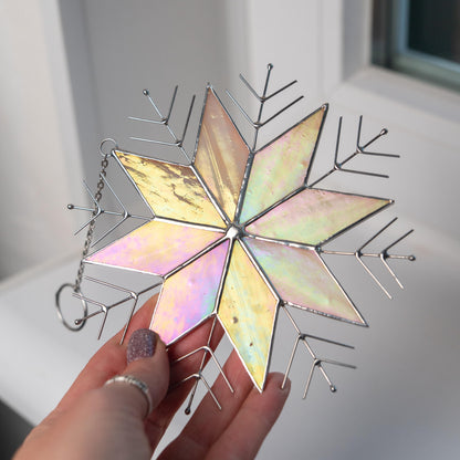 Stained Glass Snowflake Ornament – Handmade Iridescent Holiday Suncatcher