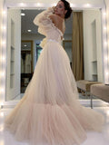 Champagne tulle lace long prom dress, champagne evening dress