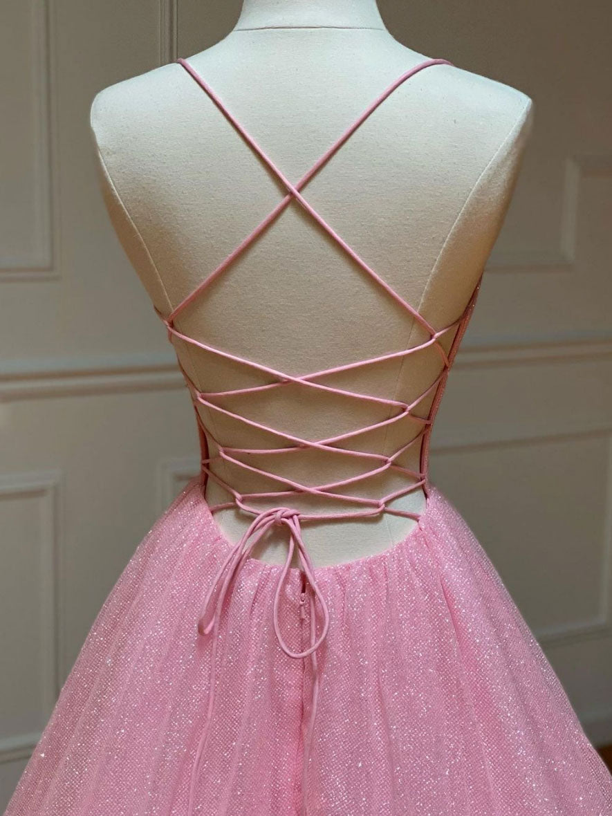Pink A-line v neck tulle long prom dress, pink evening dress
