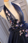 Blue tulle lace long prom dress, blue tulle lace evening dress