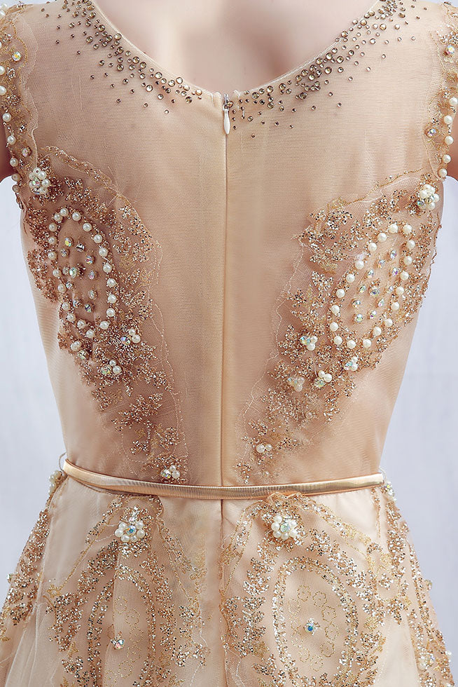 Champagne round neck tulle lace long prom dress, lace evening dress