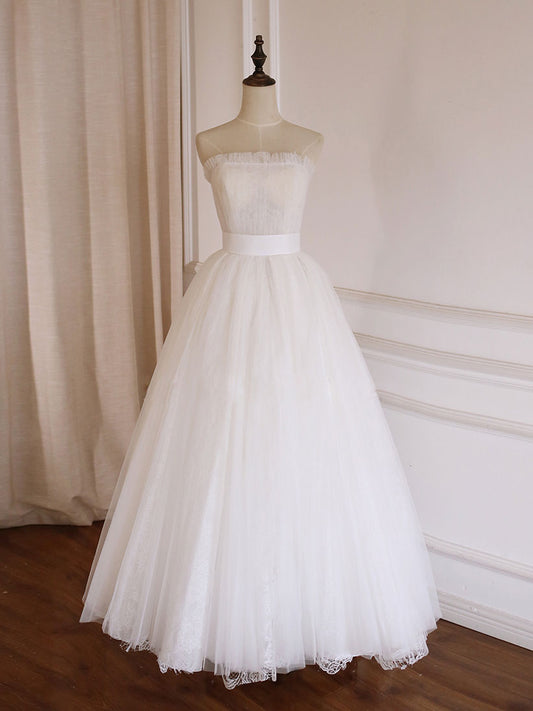 White A-Line Tulle Lace Long Prom Dress, White Formal Dress