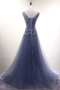 Unique v neck tulle beads long prom dress, tulle evening dress