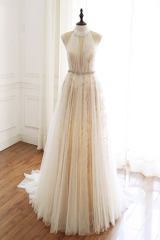Light champagne tulle lace long prom dress, formal dress