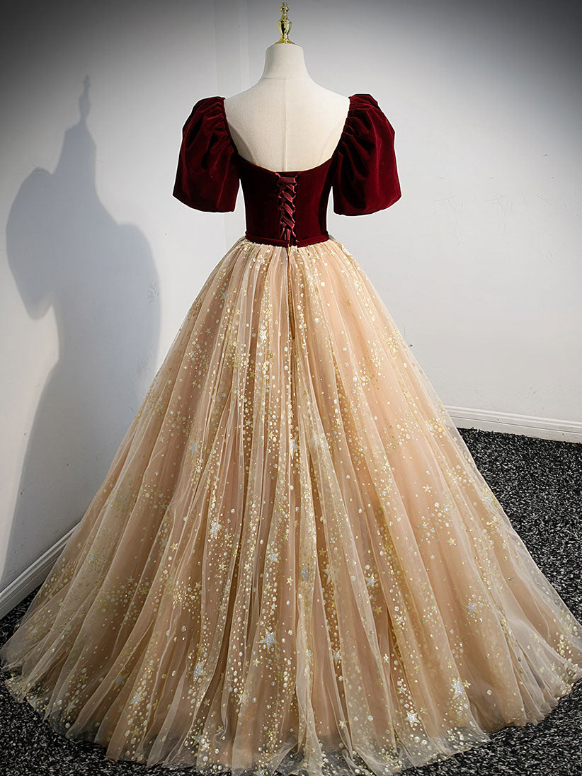 Champagne tulle long prom dress, A line tulle evening dress