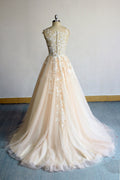 Champagne round neck tulle lace long prom dress, champagne evening dress