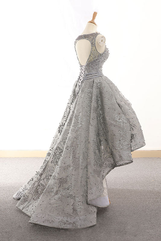 Gray tulle lace high low prom dress lace homecoming dress