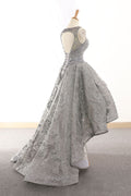 Gray tulle lace high low prom dress lace homecoming dress