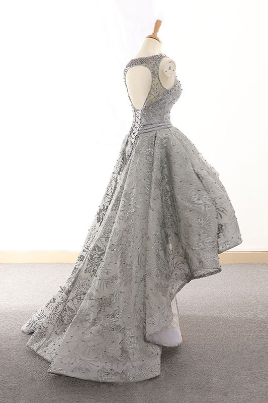 Gray tulle lace high low prom dress lace homecoming dress