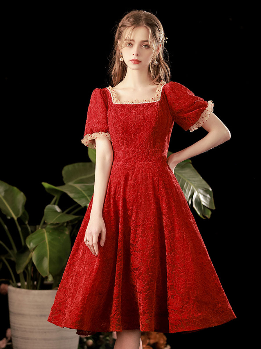 Burgundy lace short prom dress, burgundy lace homecoming dress