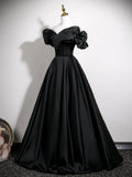 A-Line V Neck Satin Black Long Prom Dress, Black Long Evening Dress