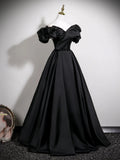 A-Line V Neck Satin Black Long Prom Dress, Black Long Evening Dress