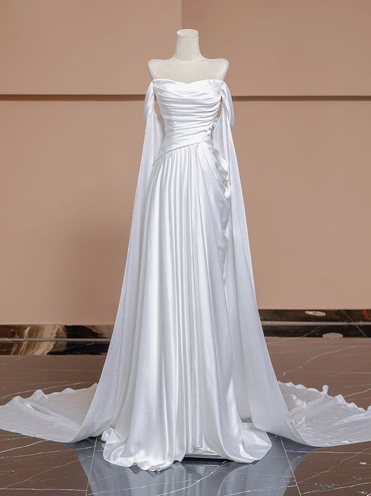 A-Line Satin White Long Prom Dress, White Long Formal Dress