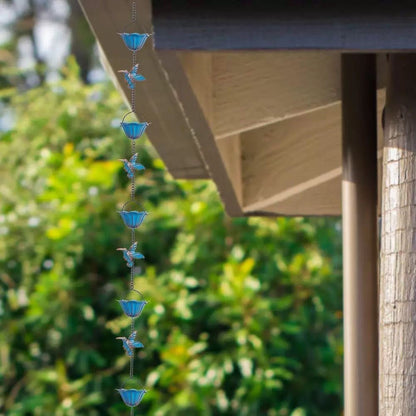 Hummingbird & Blue Flower Rain Chain 94-Inch Decorative Garden Downspout Alternative