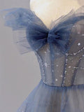 Blue tulle sequin long prom dress, blue tulle formal dress