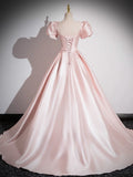 A-Line Satin Pink Long Prom Dress, Pink Long Formal Dress