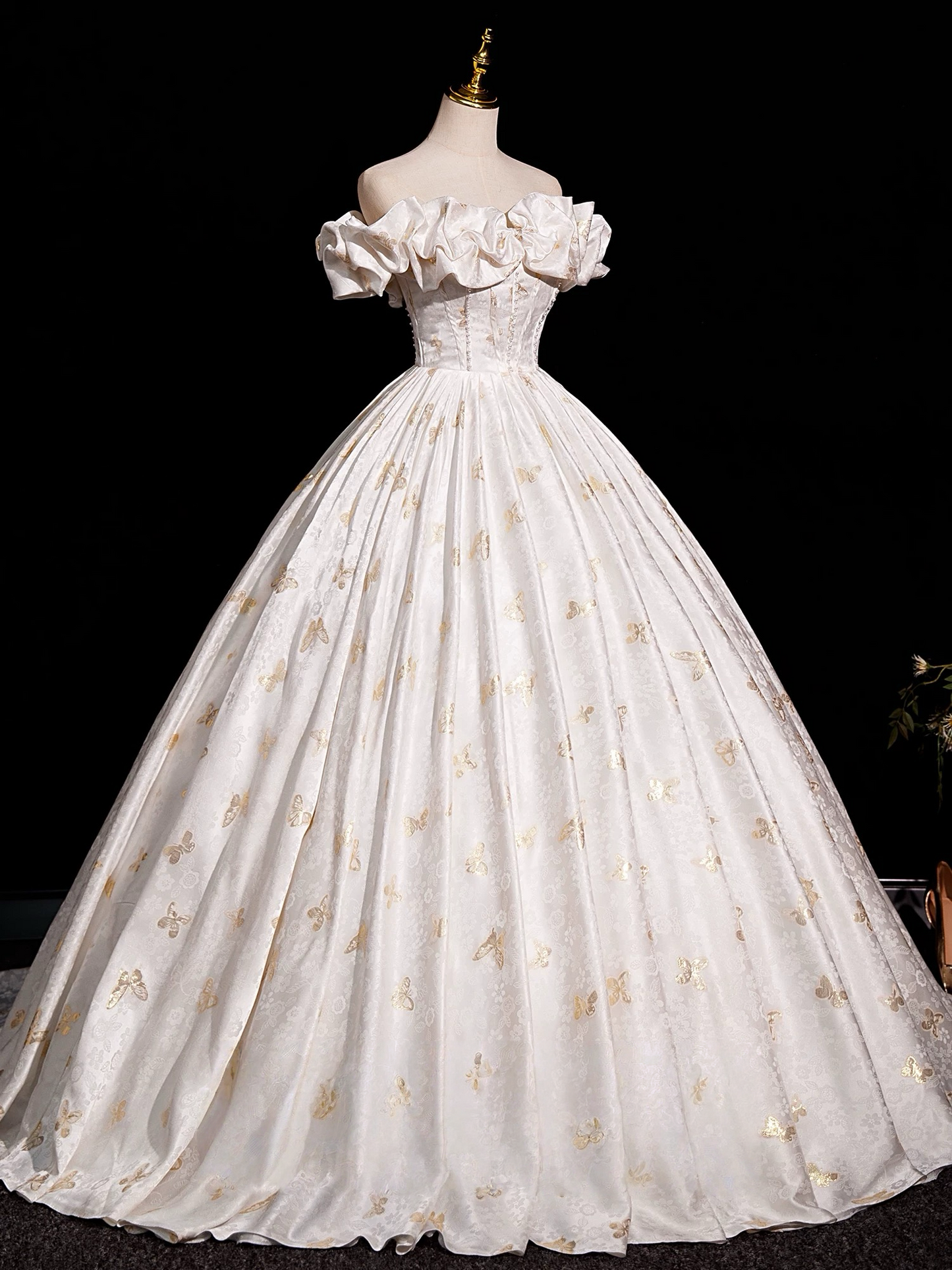 A-Line Off Shoulder Printed Satin Light Champagne Long Prom Dress