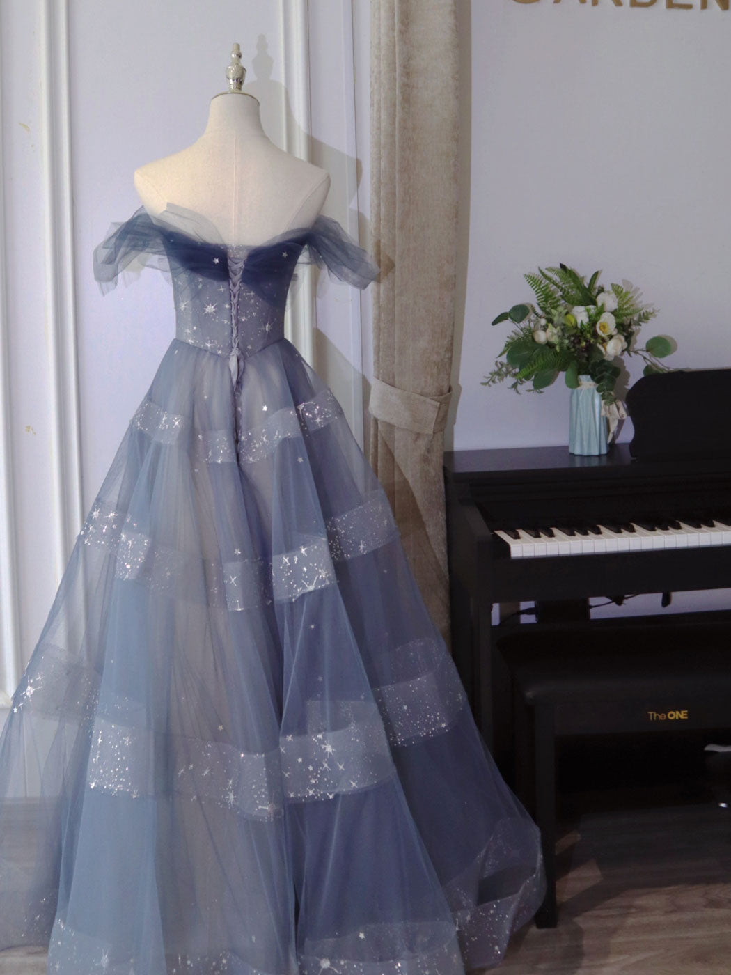 Blue tulle sequin long prom dress, blue tulle formal dress