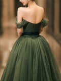 A-Line Off Shoulder Green Long Prom Dress, Green Formal Dress