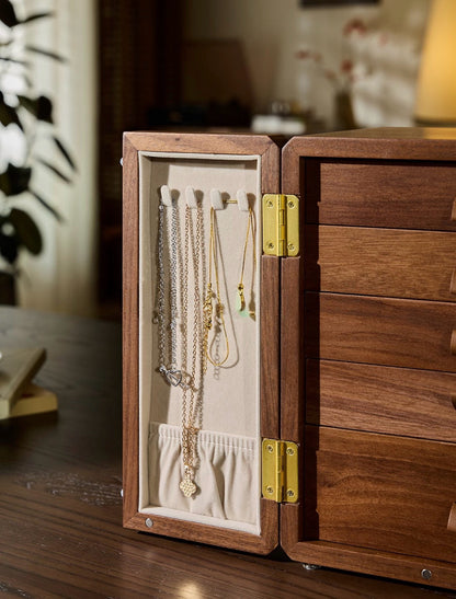 Handcrafted Walnut Jewelry Cabinet with Floral Lock